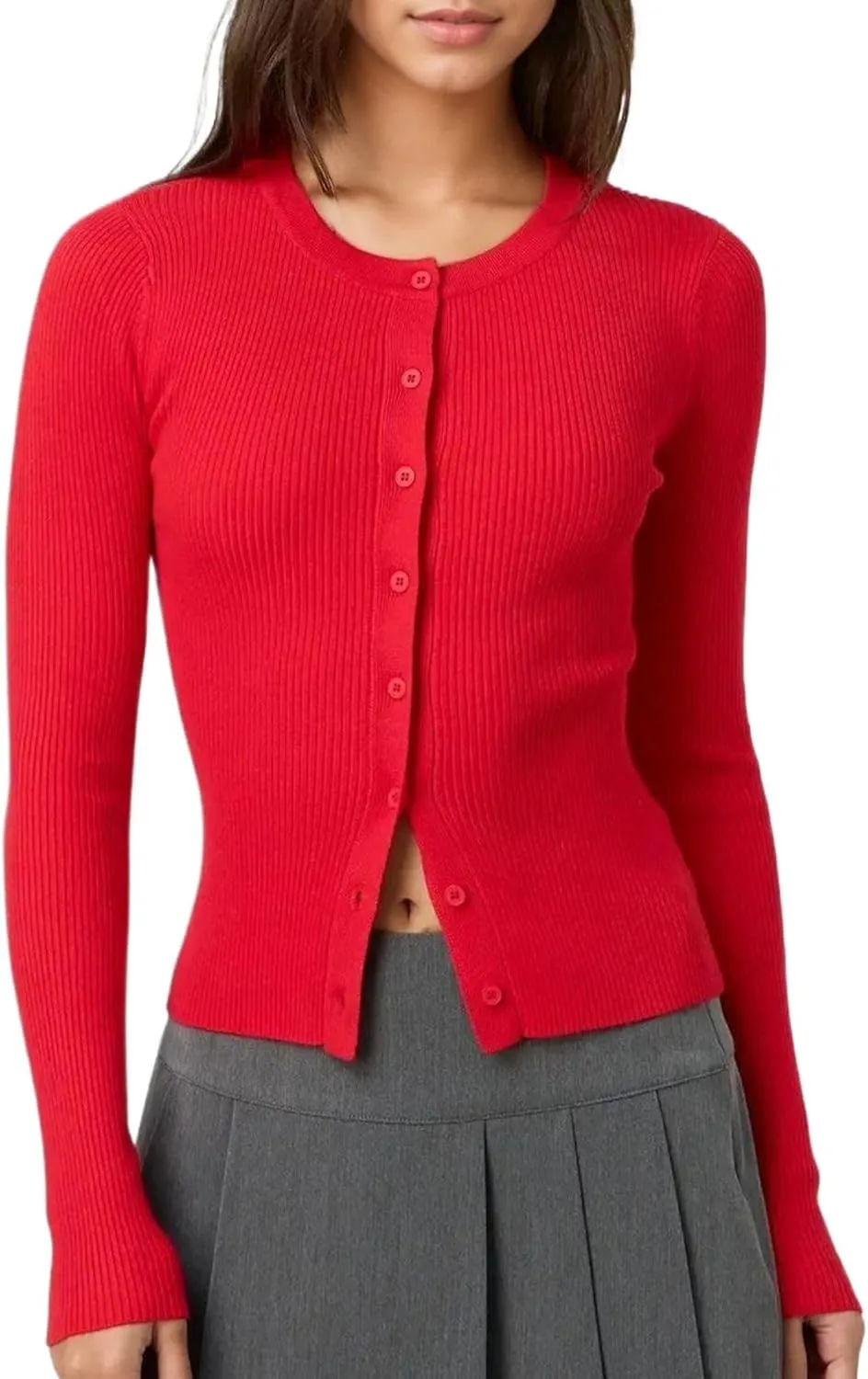 Women Casual Long Sleeve Crewneck Ribbed Knit Crop Cardigan Tight Slim Fit Button Up Sweater Shirts Fall Outfits