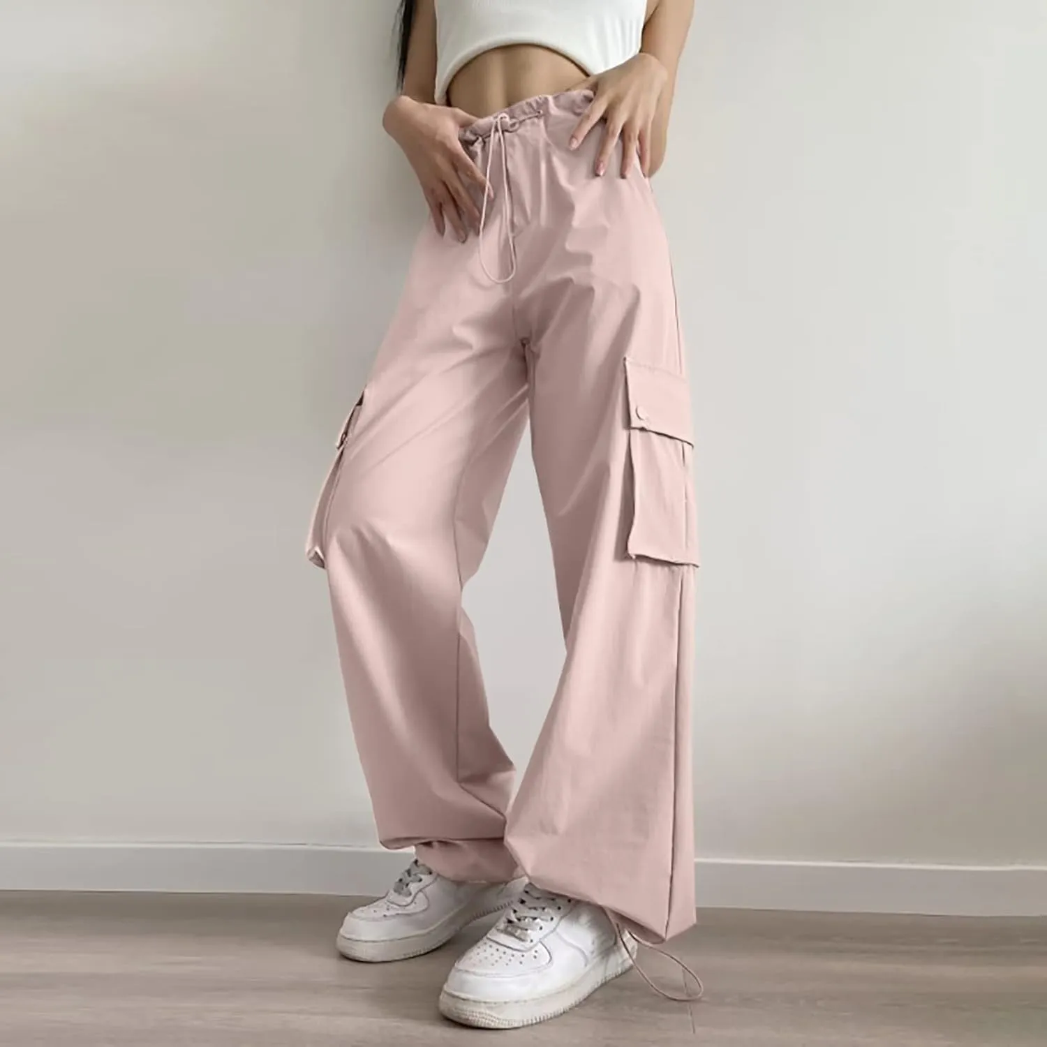 Women Comfy Bootcut Straight Casual Pants Parachute High Waist Cozy High Rise Running Active Harem Sweatpants Lace Up
