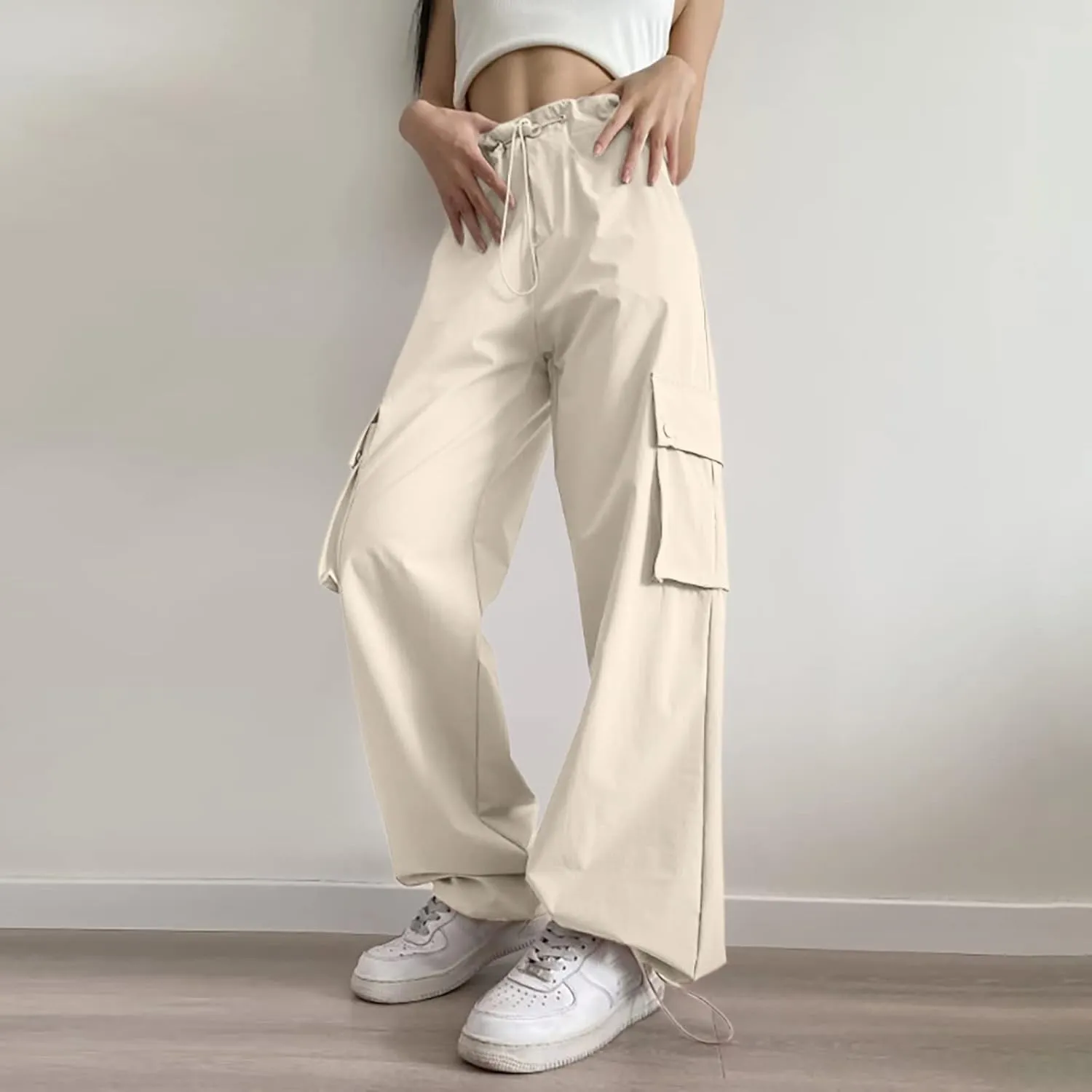 Women Comfy Bootcut Straight Casual Pants Parachute High Waist Cozy High Rise Running Active Harem Sweatpants Lace Up