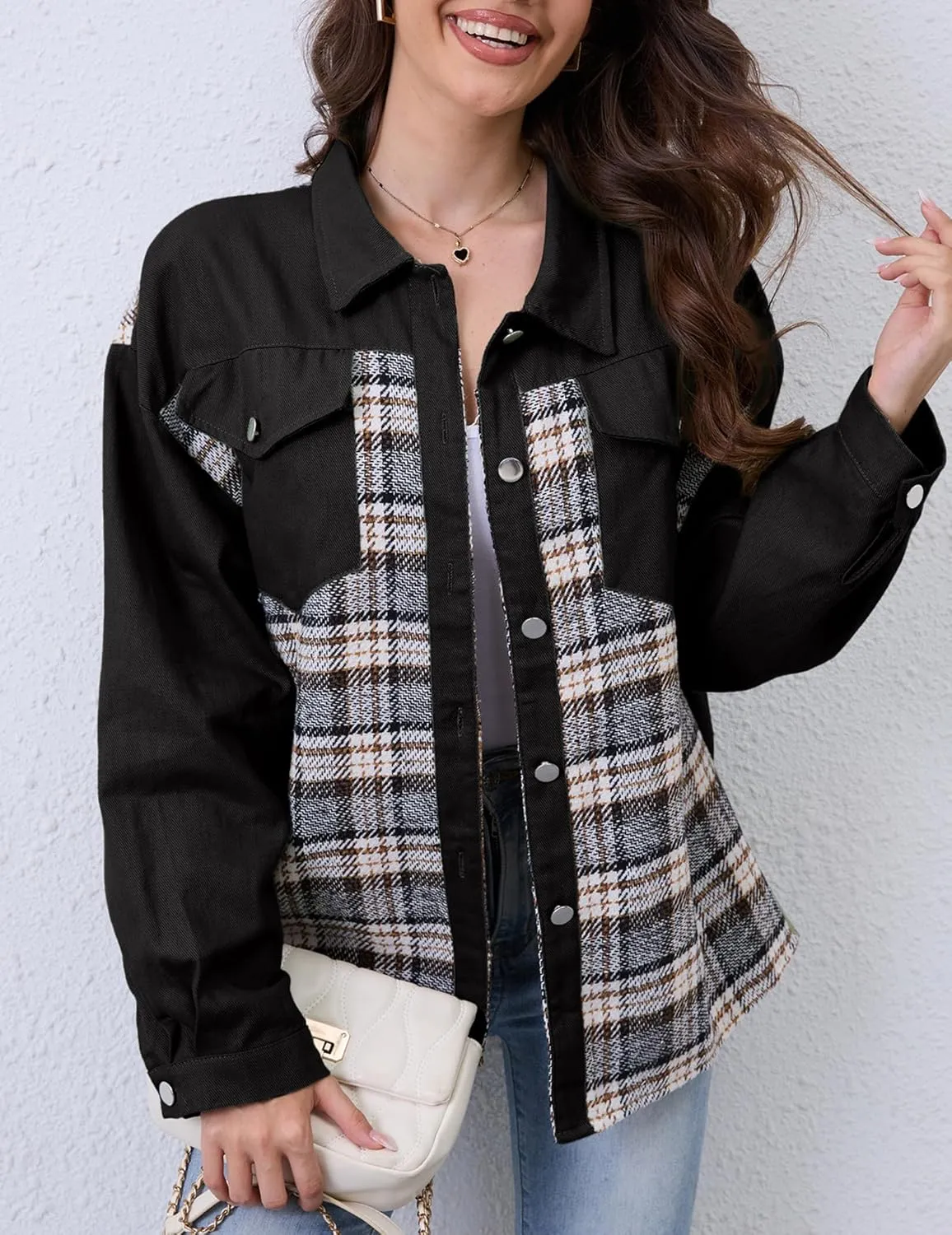 Women Denim Jean Jacket Plaid Shackets Button Down Lightweight Oversized Pocketed Coat Outfits Tops 2024 Fall