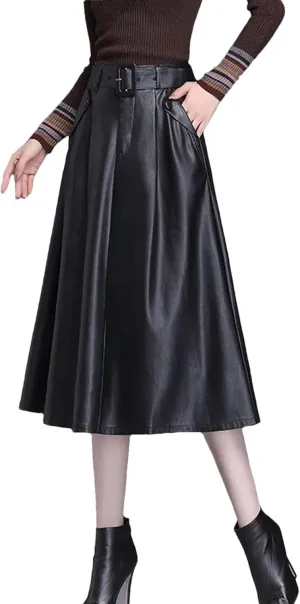 Women Faux Leather Belt Skirt Office A-Line Loose Elegant Split Pleated Midi Skirt