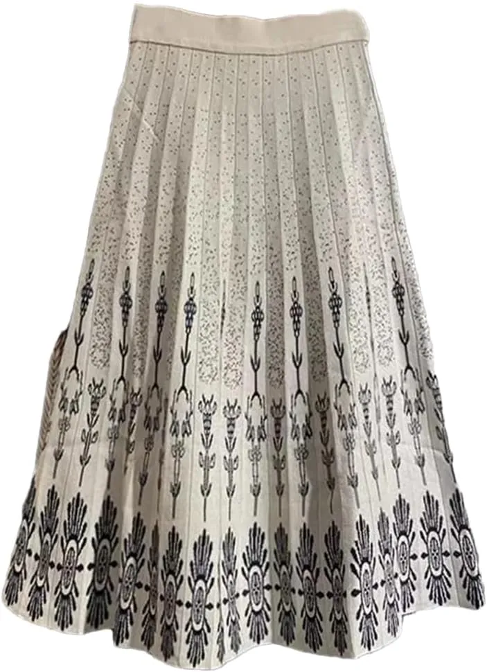 Women High Waist Knitted Midi Skirt A-Line Vintage Print Elegant Pleated Skirts