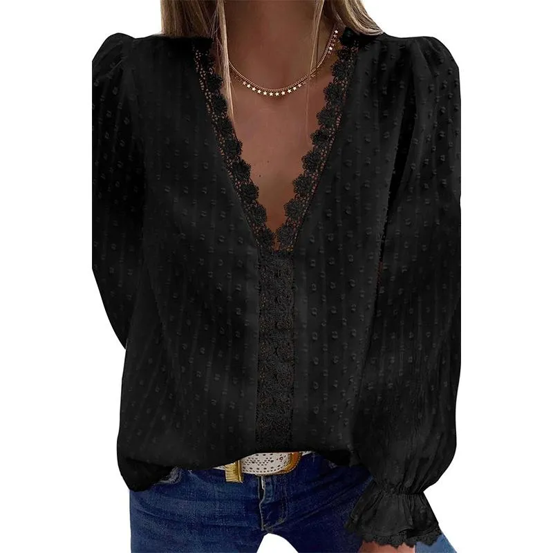 Women lace flower solid color pullover v neck tops