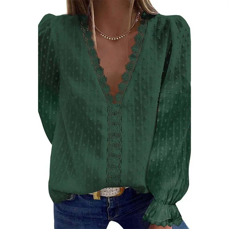 Women lace flower solid color pullover v neck tops