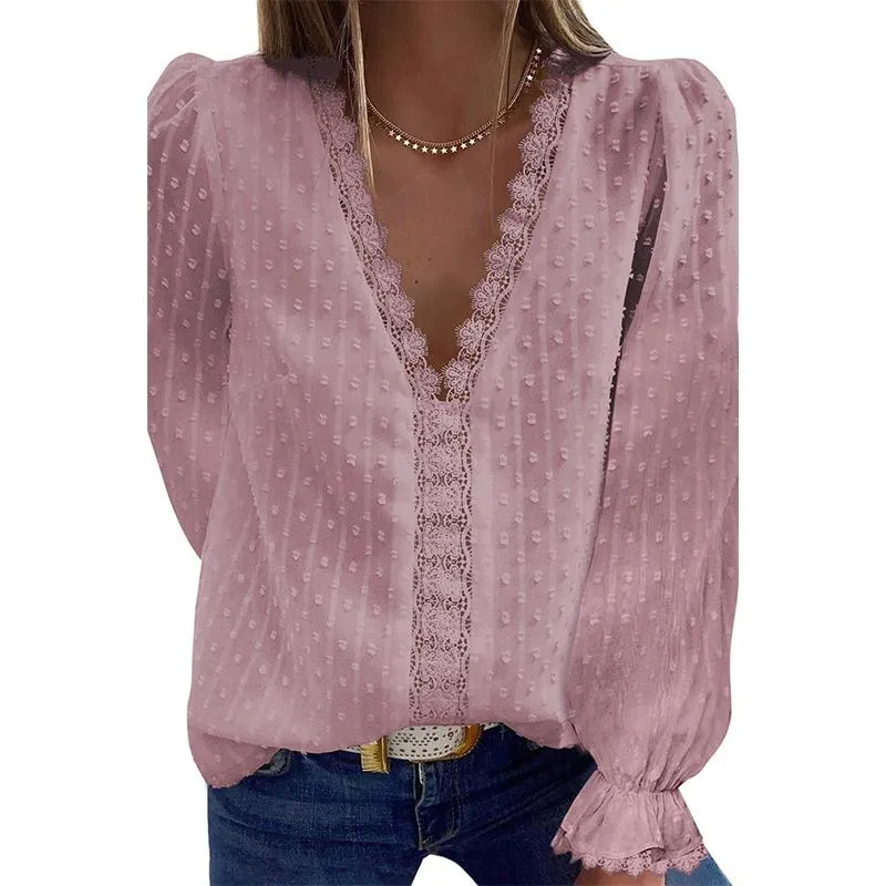 Women lace flower solid color pullover v neck tops