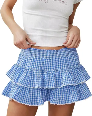 Women Layered Ruffle Hem Skirt Floral Boho Mini Skirt Smocked A Line Pleated Skirt Tiered Short Skirt