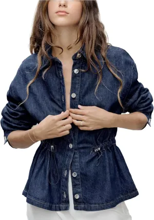 Women Lightweight Denim Jean Jacket Cropped Long Sleeve Button Up Shirt Collared Drawstring Business Casual Shacket