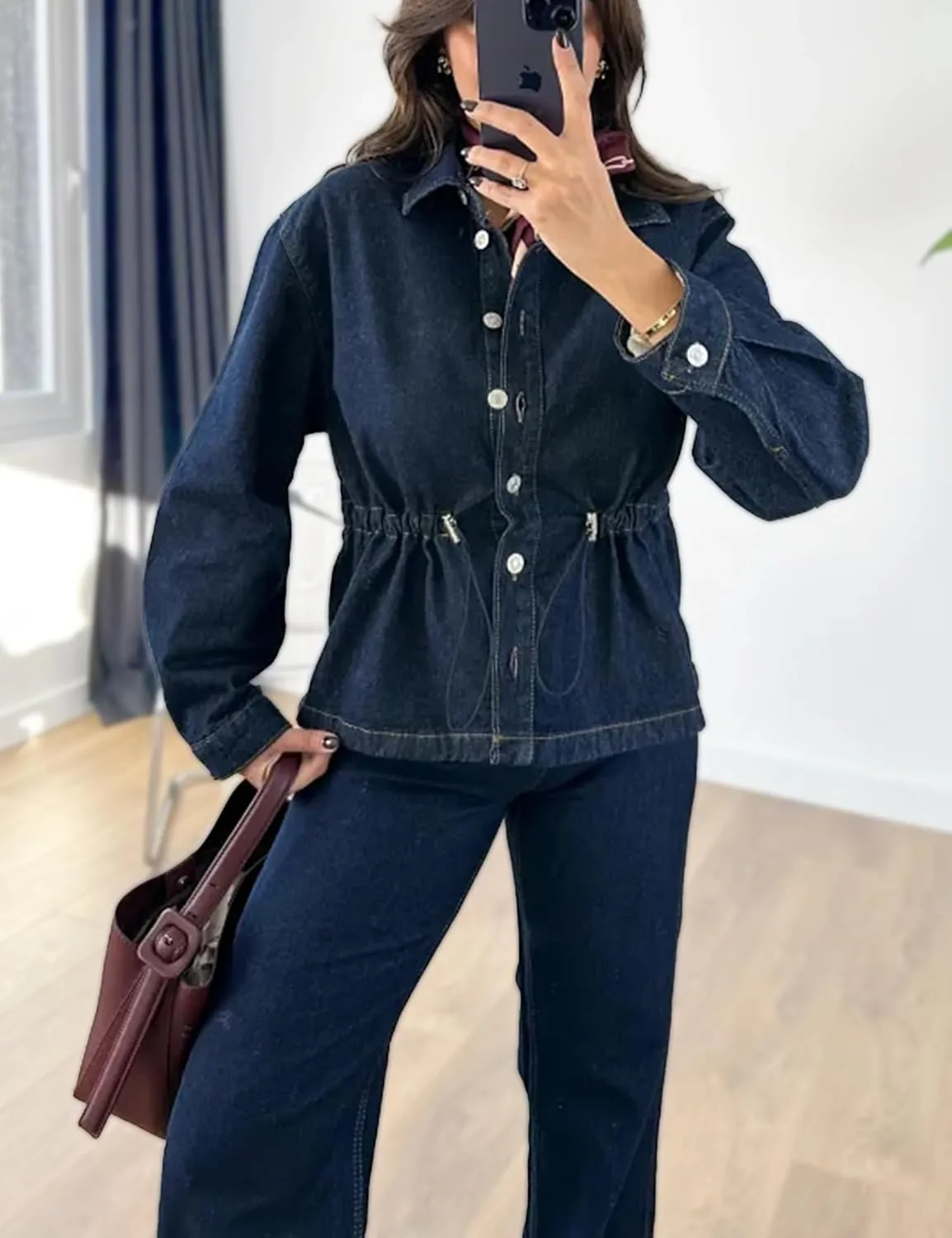 Women Lightweight Denim Jean Jacket Cropped Long Sleeve Button Up Shirt Collared Drawstring Business Casual Shacket