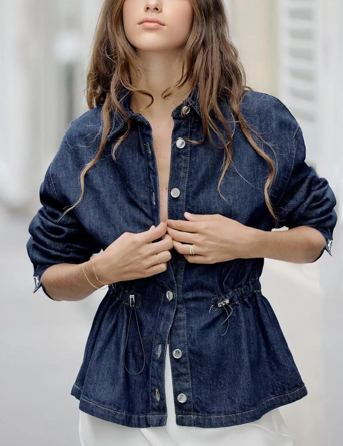 Women Lightweight Denim Jean Jacket Cropped Long Sleeve Button Up Shirt Collared Drawstring Business Casual Shacket