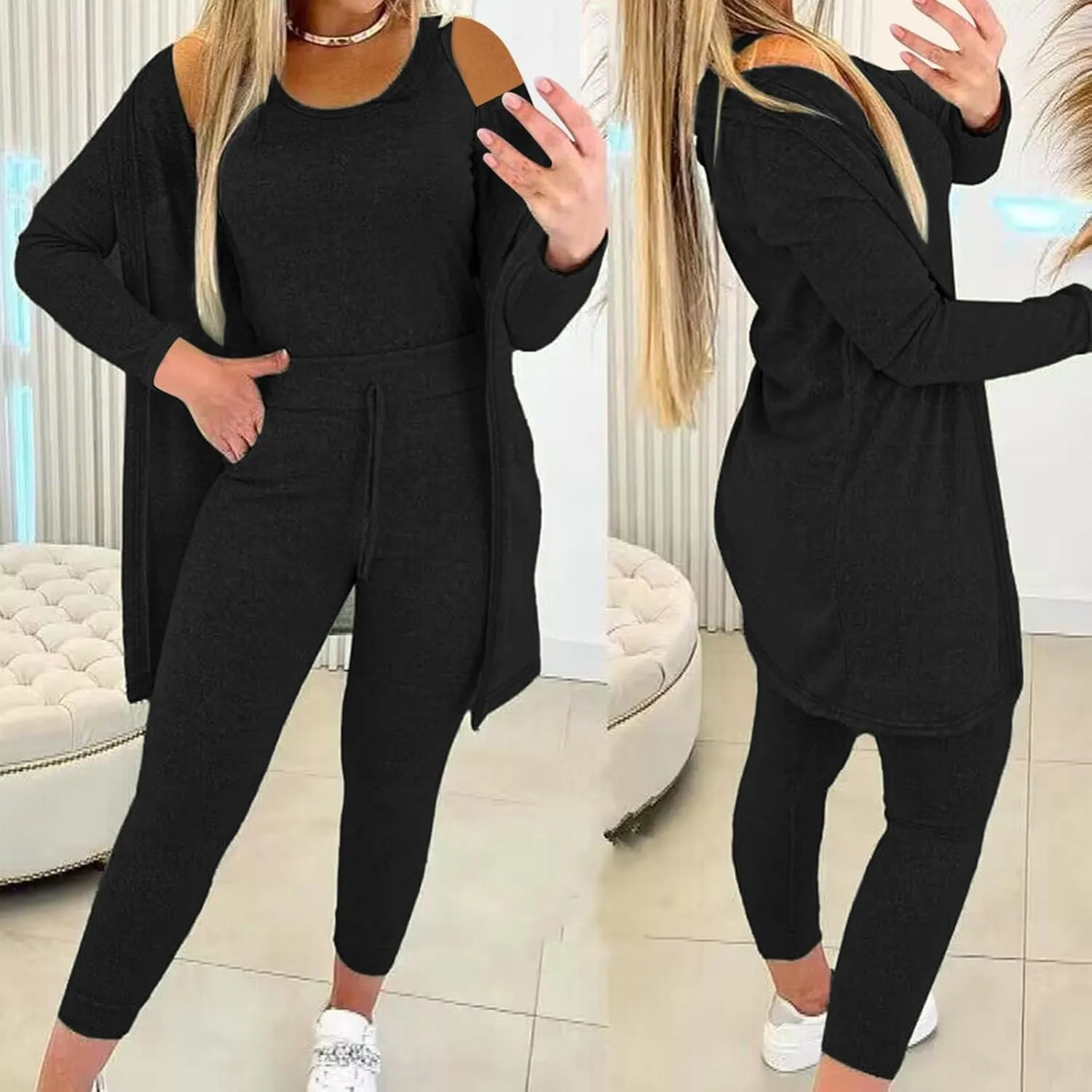 Women Lounge 3 Piece Sets Cozy Tank Tops Pants Cardigan Outfits Solid Trendy Tracksuit Soft Comfy Loungewear