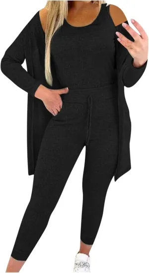 Women Lounge 3 Piece Sets Cozy Tank Tops Pants Cardigan Outfits Solid Trendy Tracksuit Soft Comfy Loungewear