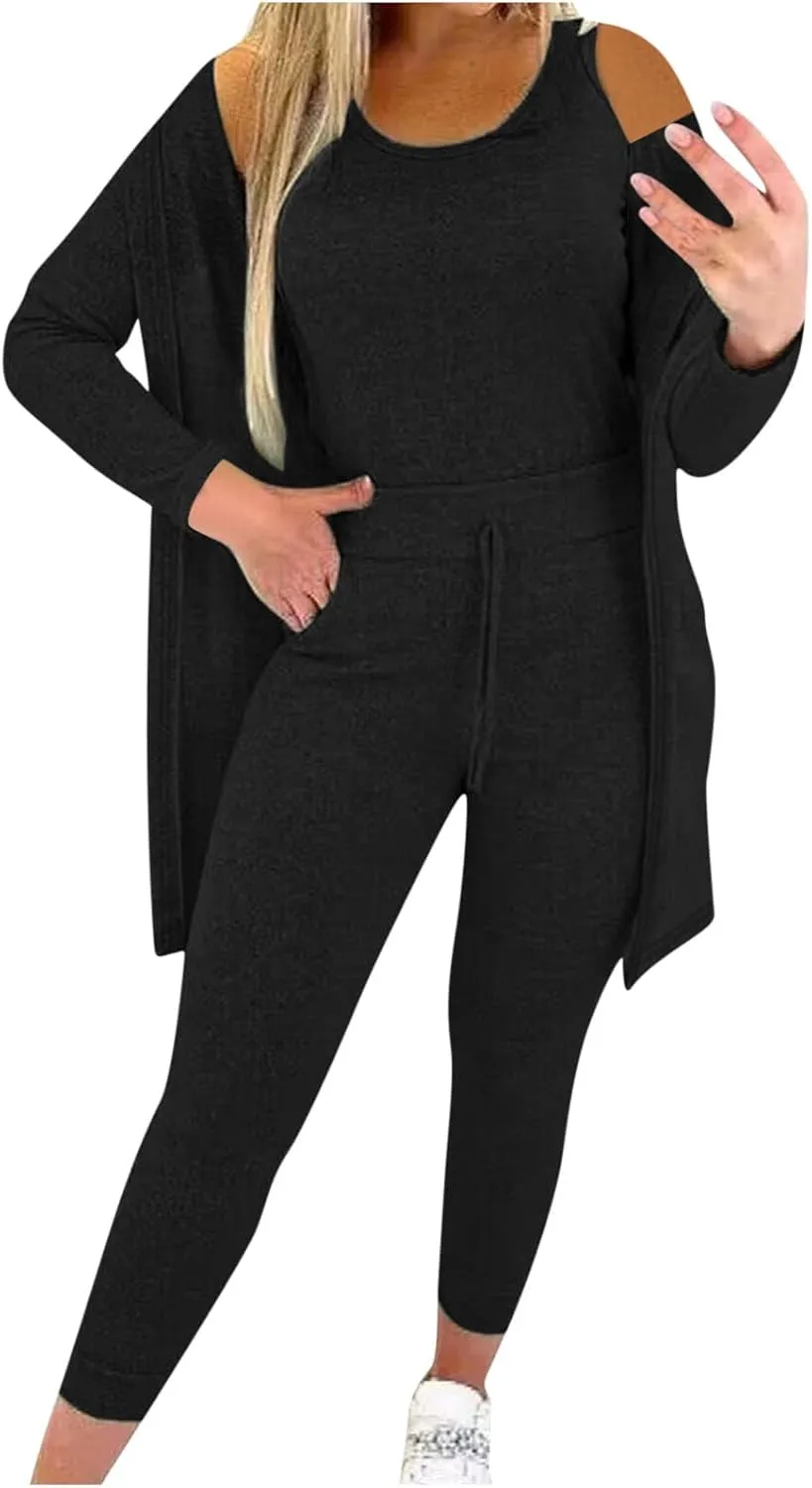 Women Lounge 3 Piece Sets Cozy Tank Tops Pants Cardigan Outfits Solid Trendy Tracksuit Soft Comfy Loungewear