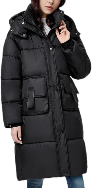 Women Medium Long Large Pocket Parka Coat Vintage Hooded Thick Cotton-Padded Jacket