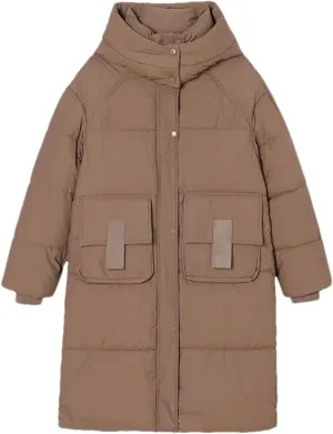 Women Medium Long Large Pocket Parka Coat Vintage Hooded Thick Cotton-Padded Jacket