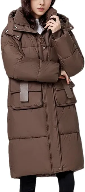 Women Medium Long Large Pocket Parka Coat Vintage Hooded Thick Cotton-Padded Jacket