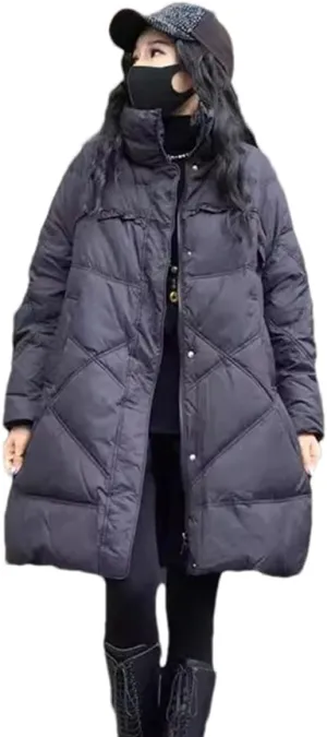 Women Medium Long Zipper Oversized Parka Coat Lapel Patchwork Stripe Cotton-Padded Jacket