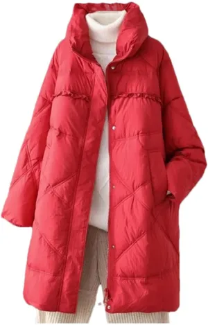 Women Medium Long Zipper Oversized Parka Coat Lapel Patchwork Stripe Cotton-Padded Jacket