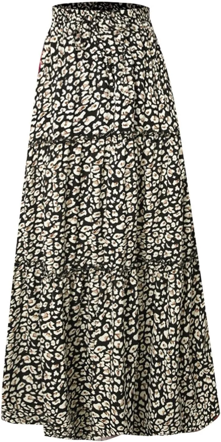 Women Summer Casual Flowy Long Skirts Boho Floral Elastic High Waist Tiered Pleated Beach Maxi Skirt