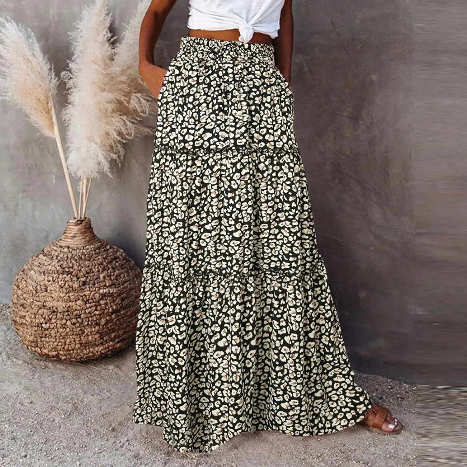 Women Summer Casual Flowy Long Skirts Boho Floral Elastic High Waist Tiered Pleated Beach Maxi Skirt