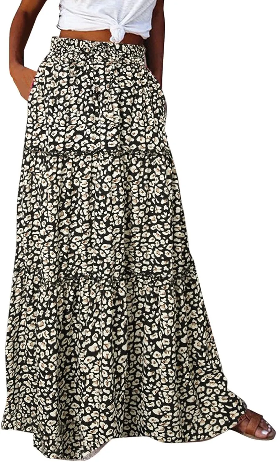 Women Summer Casual Flowy Long Skirts Boho Floral Elastic High Waist Tiered Pleated Beach Maxi Skirt