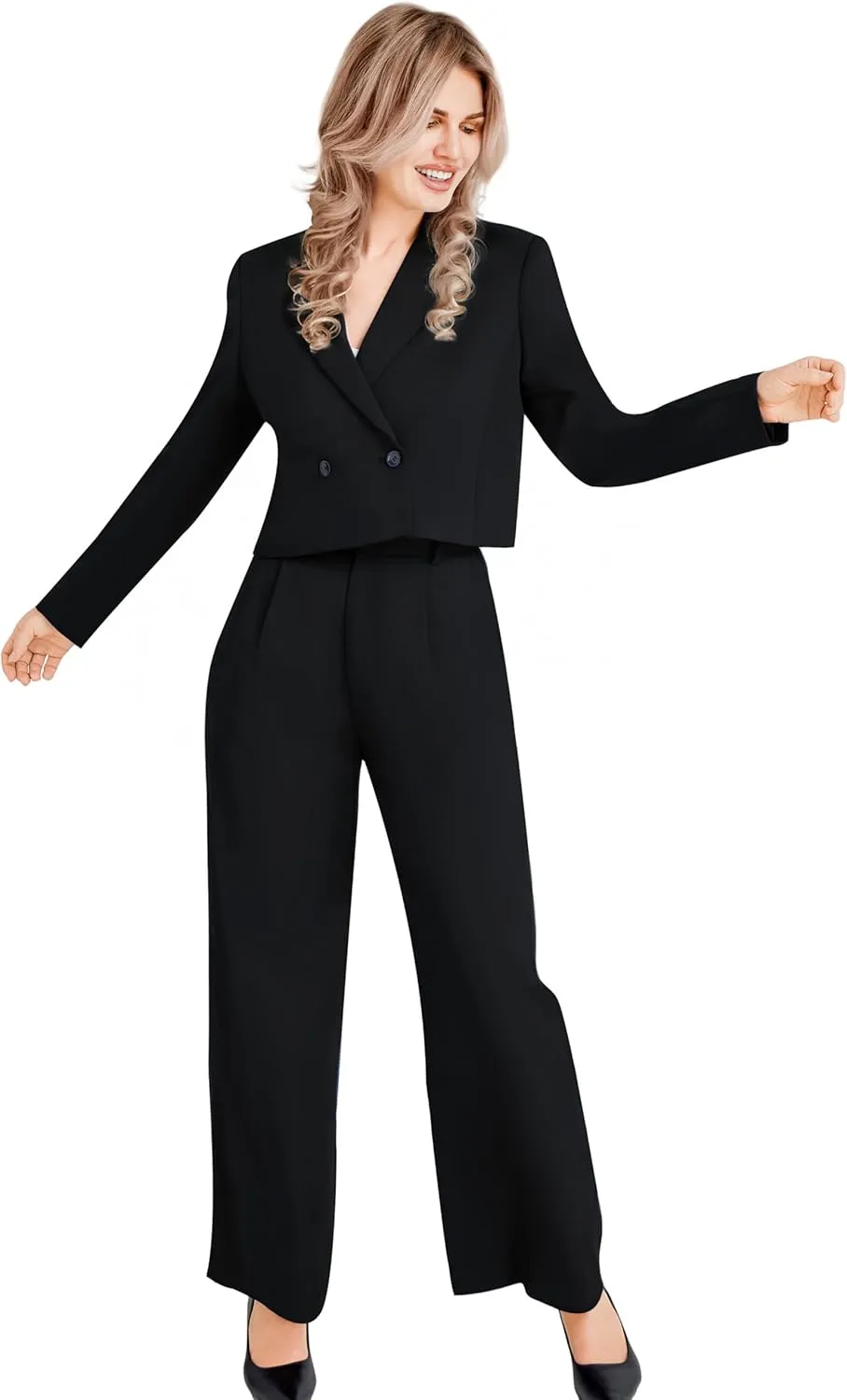 Women's 2 Pieces Suit Casual Outfits Double Breasted Blazer Jackets High Waisted Wide Leg Work Pants Suit Set