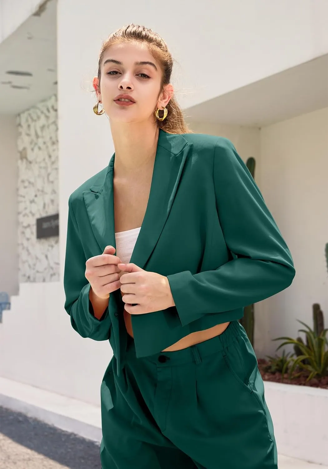 Women's 2 Pieces Suit Casual Outfits Double Breasted Blazer Jackets High Waisted Wide Leg Work Pants Suit Set
