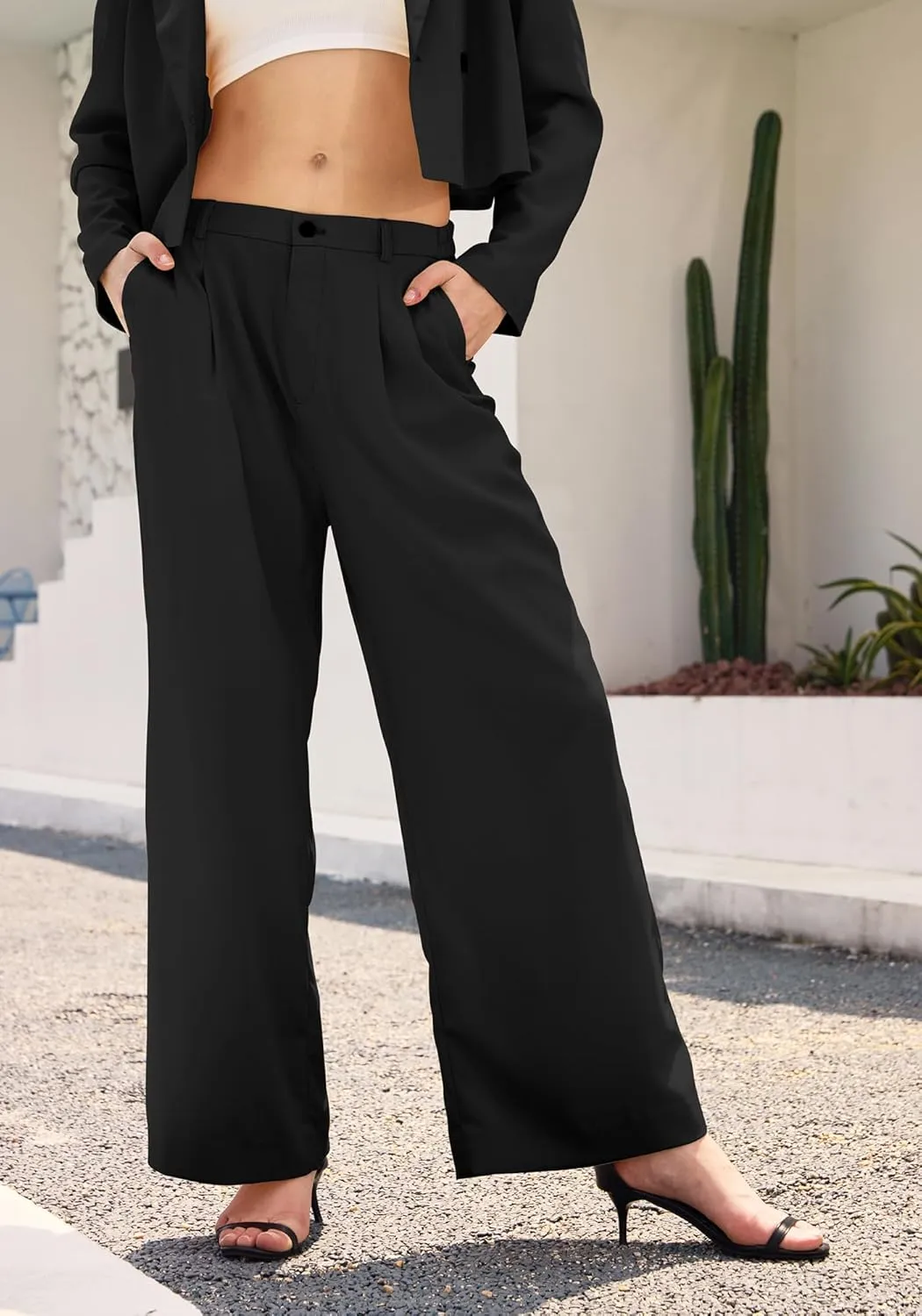 Women's 2 Pieces Suit Casual Outfits Double Breasted Blazer Jackets High Waisted Wide Leg Work Pants Suit Set