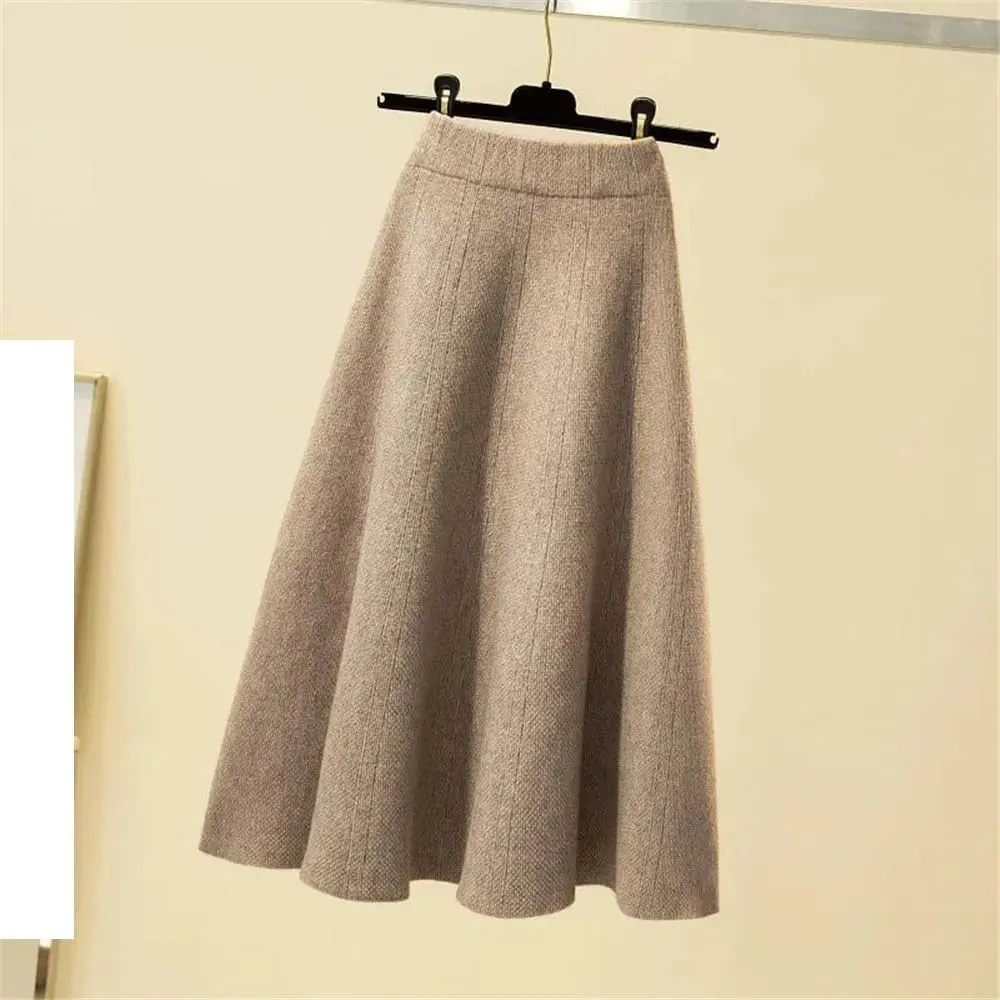 Women's Autumn Pleated Midi Knitted Skirt Women's Elastic High Waist A-Line Sweater Skirt Female Long Skirt