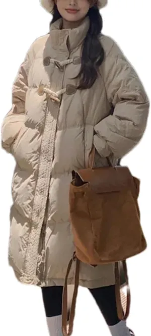 Women's Buckle High Neck Long Cotton-Padded Jacket Vintage Zipper Button Parka Coat