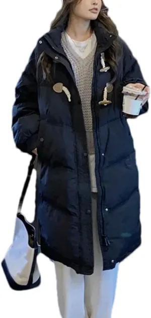 Women's Buckle High Neck Long Cotton-Padded Jacket Vintage Zipper Button Parka Coat