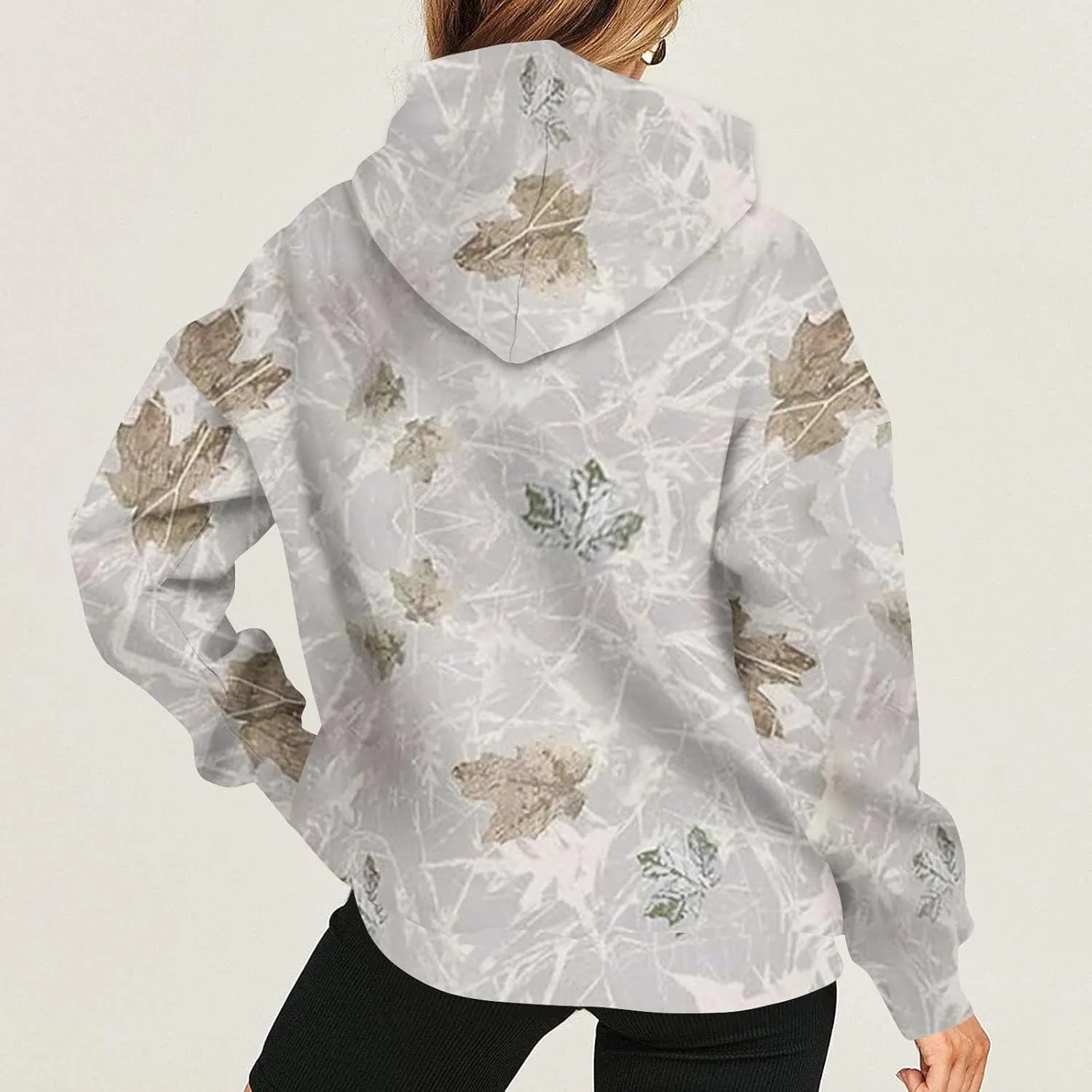 Women's Camo Hoodie Maple-Leaf Print Oversized Sweatshirt Fleece Hooded Sweatshirts with Pocket Classic Pullovers