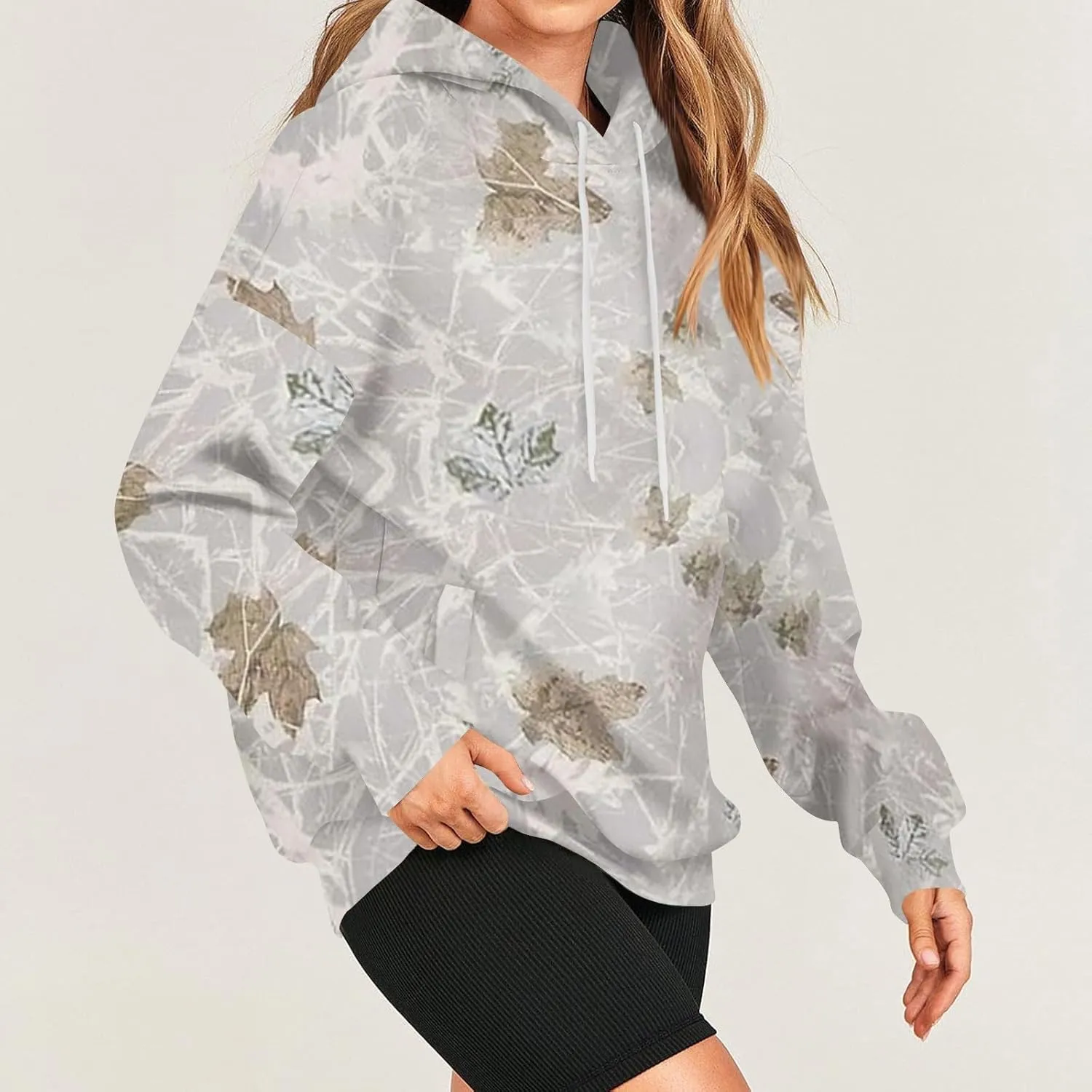 Women's Camo Hoodie Maple-Leaf Print Oversized Sweatshirt Fleece Hooded Sweatshirts with Pocket Classic Pullovers