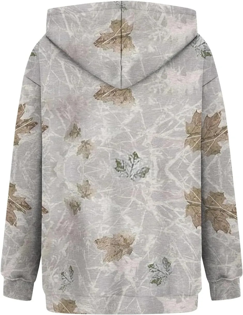 Women's Camo Hoodie Maple-Leaf Print Oversized Sweatshirt Fleece Hooded Sweatshirts with Pocket Classic Pullovers