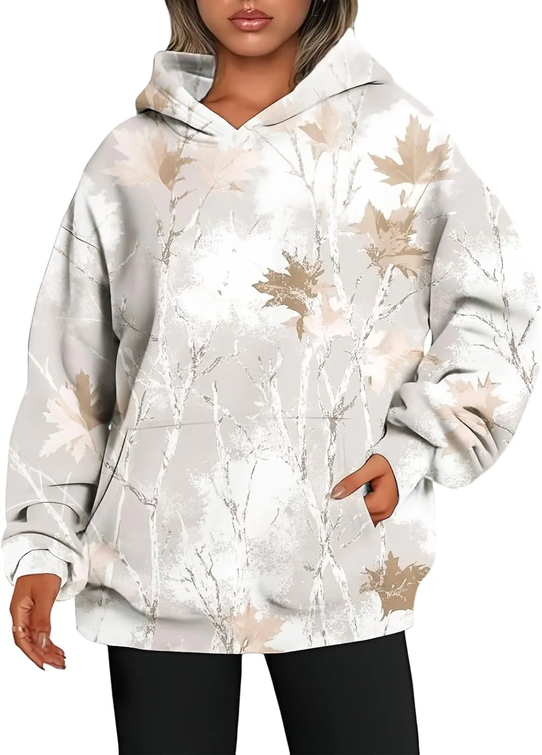 Womens Camo Hoodies Maple Leaf Print Hooded Camo Sweatshirt Oversized Long Sleeve Pullover Sweatshirts for Women