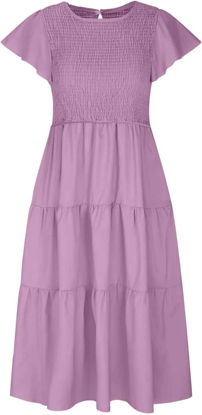Womens Casual Ruffle Sleeve Smocked Maxi Dresses Crewneck Elegant High Waist Mini Dress Summer Dresses for Women 2025
