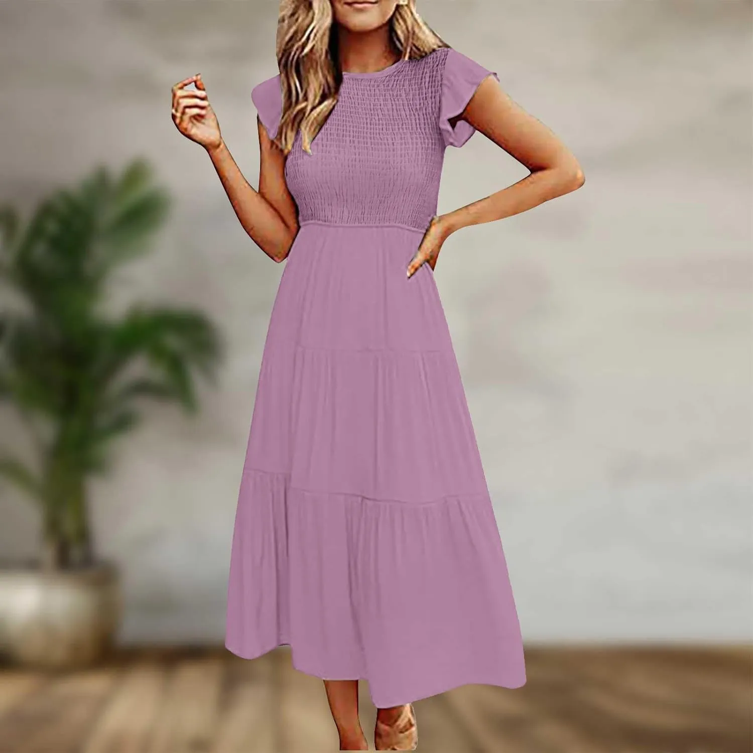 Womens Casual Ruffle Sleeve Smocked Maxi Dresses Crewneck Elegant High Waist Mini Dress Summer Dresses for Women 2025