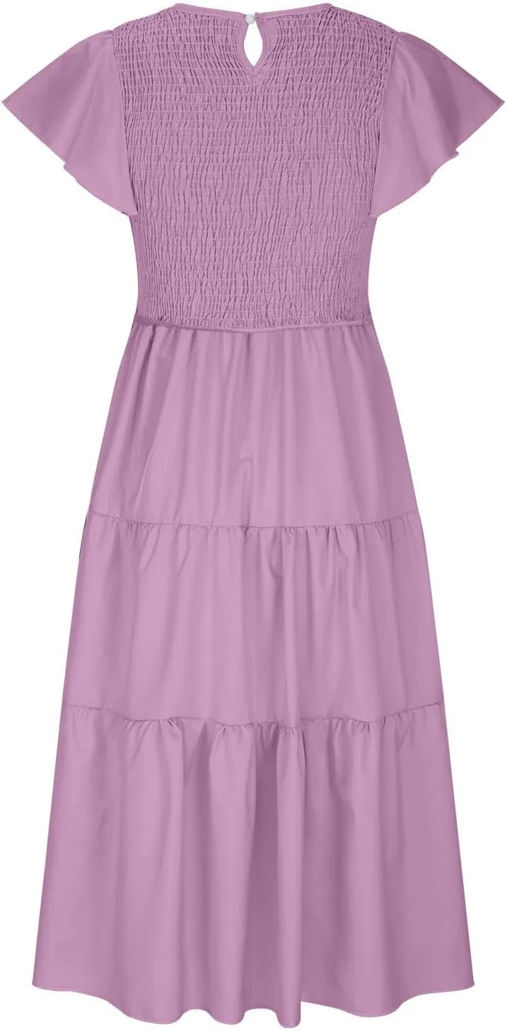 Womens Casual Ruffle Sleeve Smocked Maxi Dresses Crewneck Elegant High Waist Mini Dress Summer Dresses for Women 2025