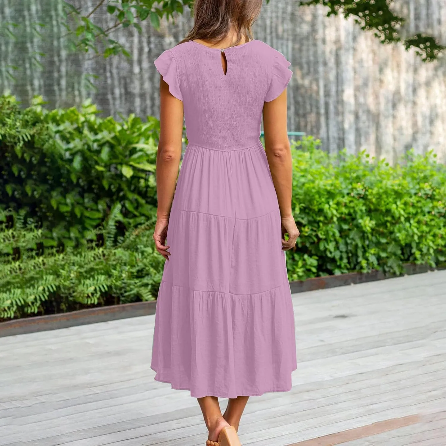Womens Casual Ruffle Sleeve Smocked Maxi Dresses Crewneck Elegant High Waist Mini Dress Summer Dresses for Women 2025
