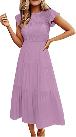 Womens Casual Ruffle Sleeve Smocked Maxi Dresses Crewneck Elegant High Waist Mini Dress Summer Dresses for Women 2025