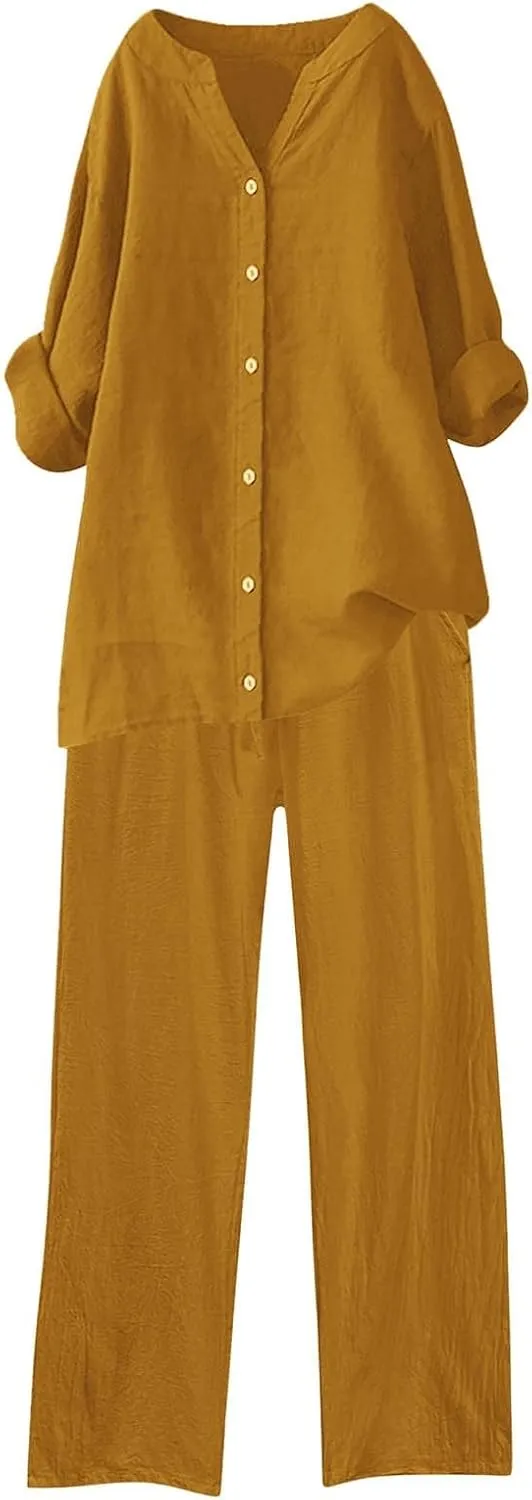 Womens Cotton Linen 2 Piece Outfits Oversize Button Down Shirt & Loose Straight-Leg Pant Daily Casual Loungewear Sets