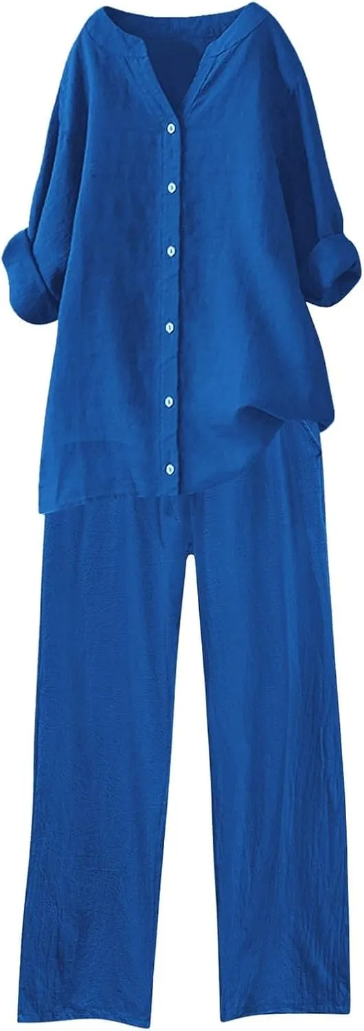 Womens Cotton Linen 2 Piece Outfits Oversize Button Down Shirt & Loose Straight-Leg Pant Daily Casual Loungewear Sets