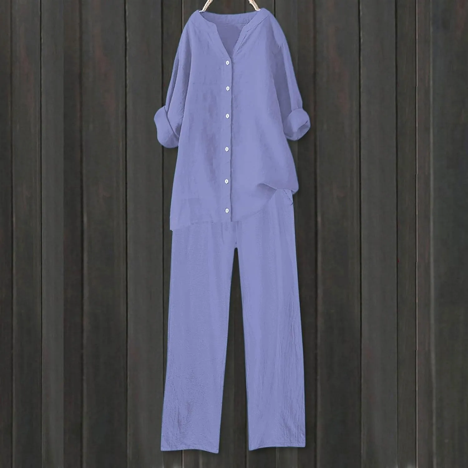 Womens Cotton Linen 2 Piece Outfits Oversize Button Down Shirt & Loose Straight-Leg Pant Daily Casual Loungewear Sets