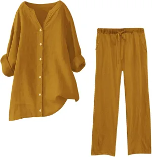 Womens Cotton Linen 2 Piece Outfits Oversize Button Down Shirt & Loose Straight-Leg Pant Daily Casual Loungewear Sets