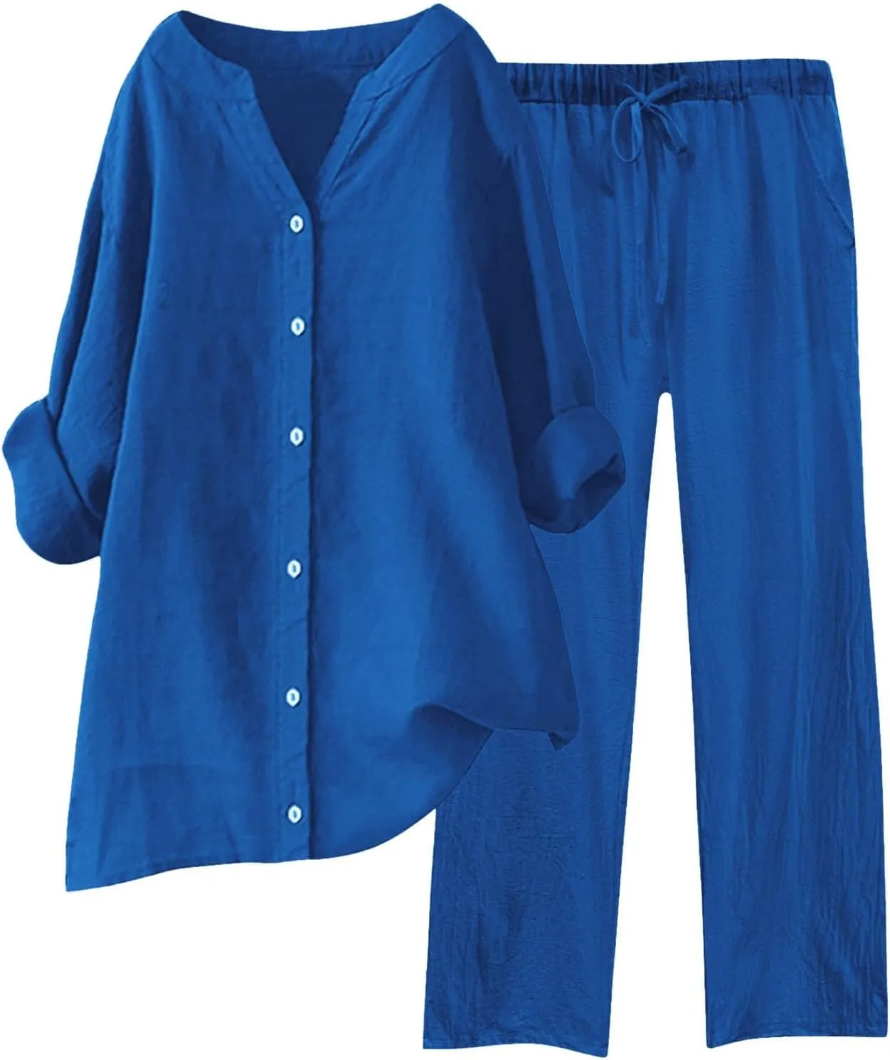 Womens Cotton Linen 2 Piece Outfits Oversize Button Down Shirt & Loose Straight-Leg Pant Daily Casual Loungewear Sets