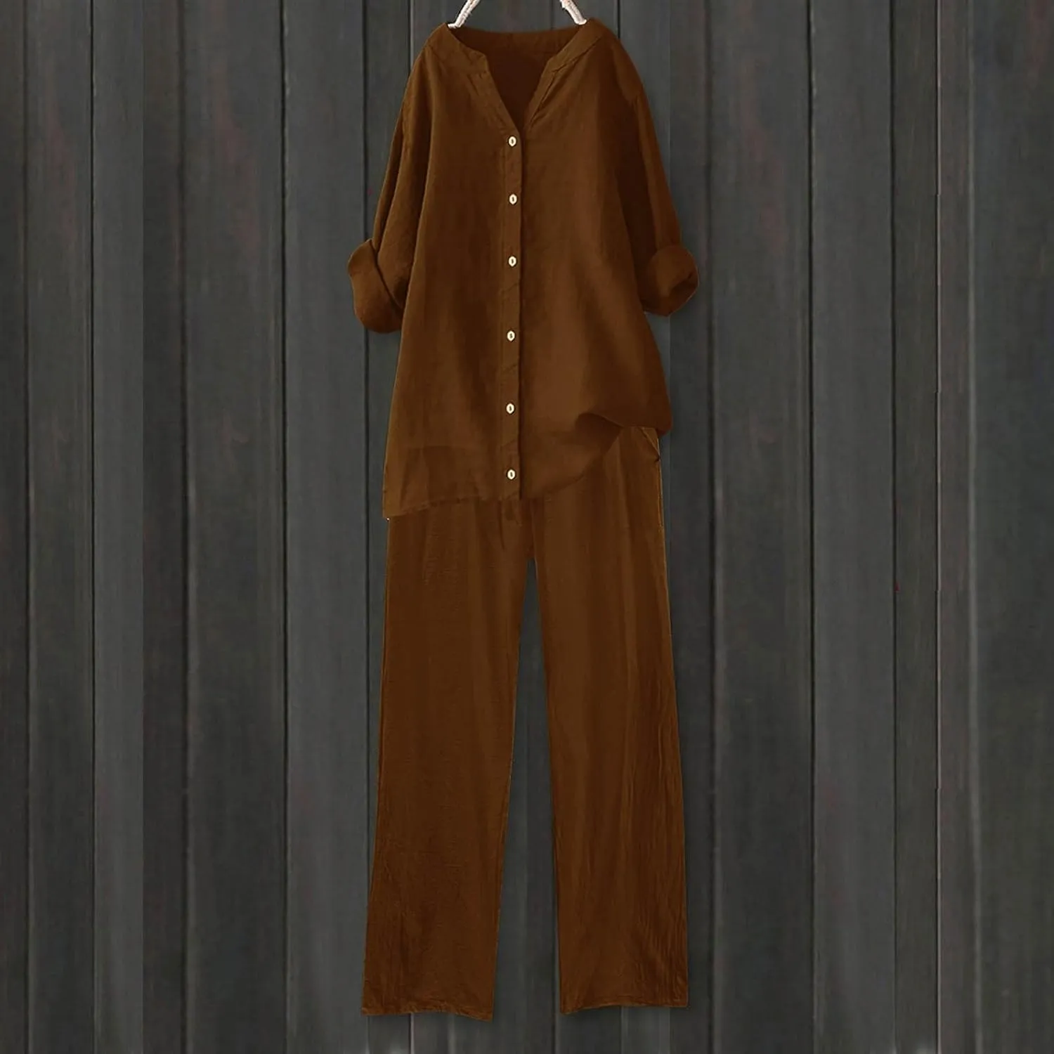 Womens Cotton Linen 2 Piece Outfits Oversize Button Down Shirt & Loose Straight-Leg Pant Daily Casual Loungewear Sets