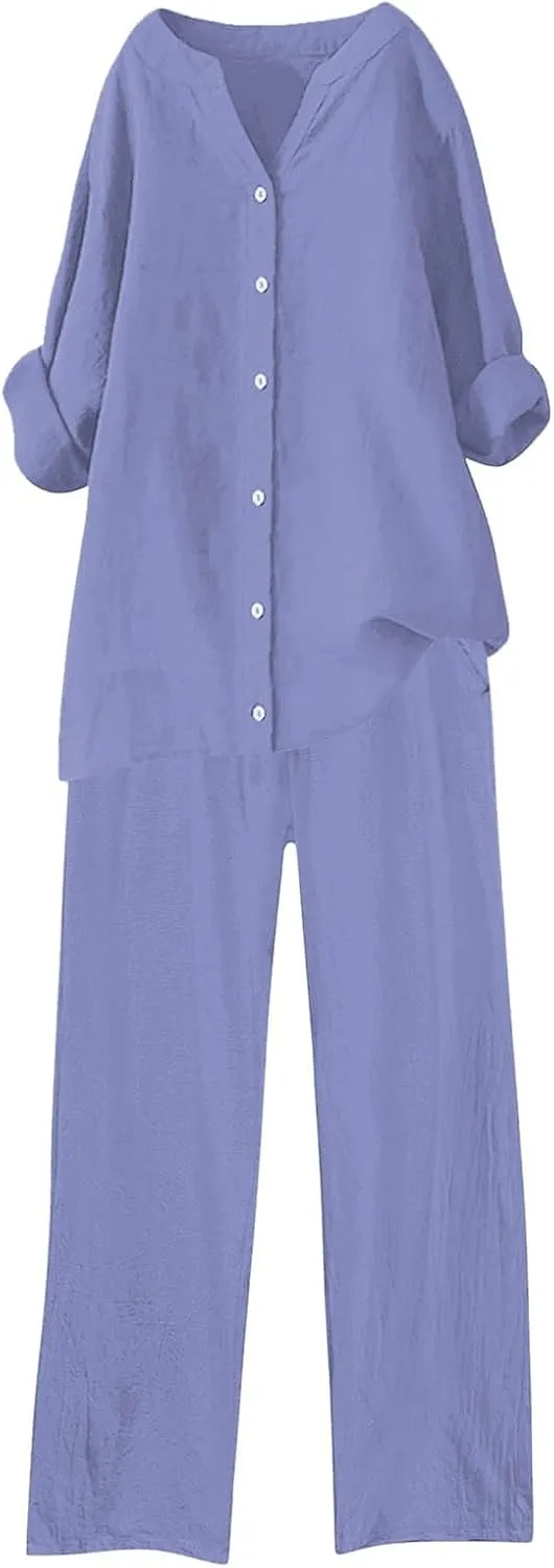 Womens Cotton Linen 2 Piece Outfits Oversize Button Down Shirt & Loose Straight-Leg Pant Daily Casual Loungewear Sets