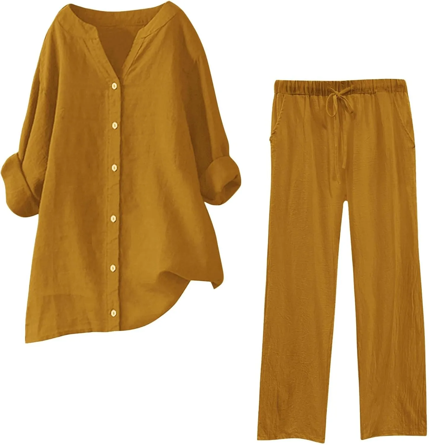 Womens Cotton Linen 2 Piece Outfits Oversize Button Down Shirt & Loose Straight-Leg Pant Daily Casual Loungewear Sets