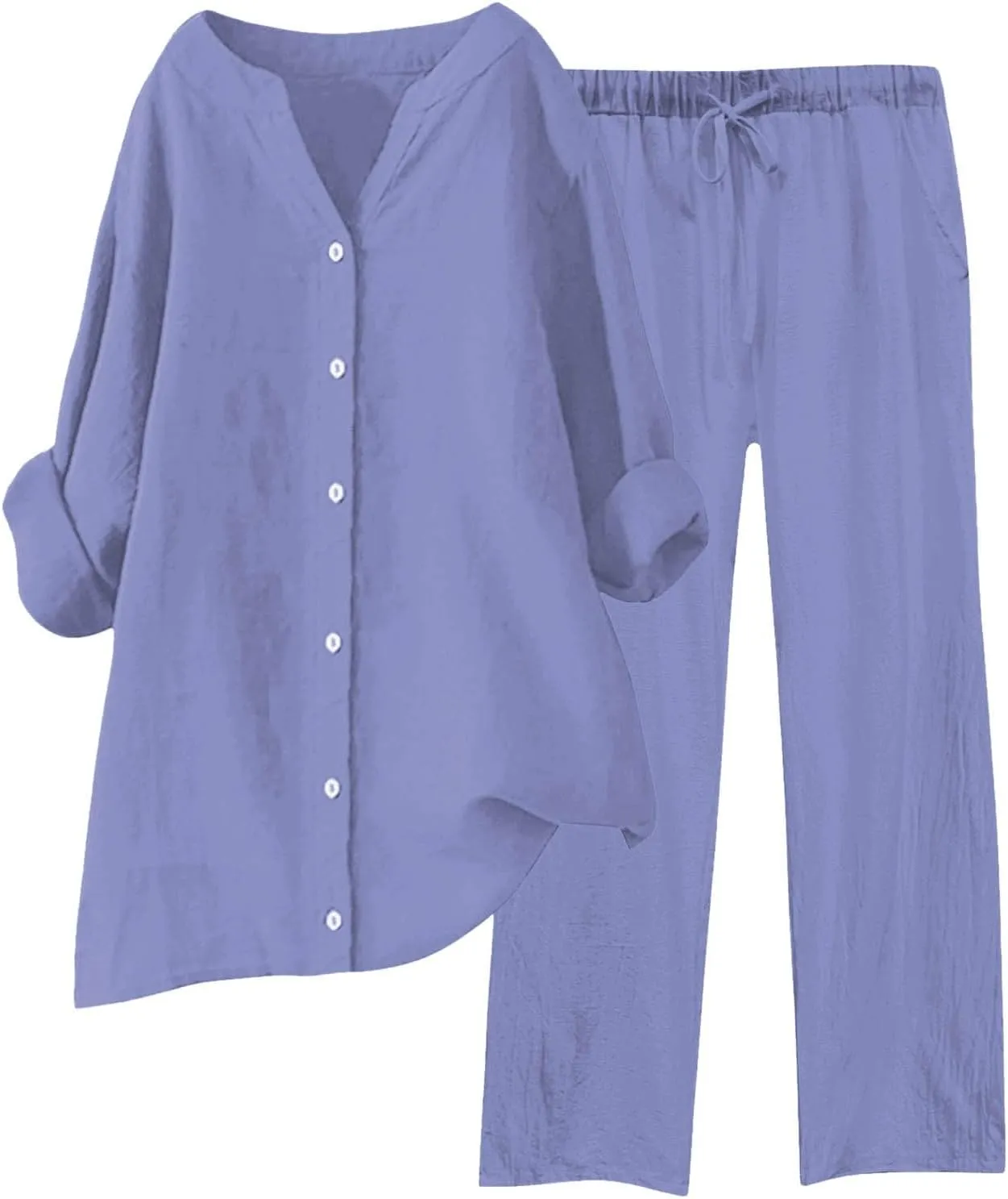 Womens Cotton Linen 2 Piece Outfits Oversize Button Down Shirt & Loose Straight-Leg Pant Daily Casual Loungewear Sets