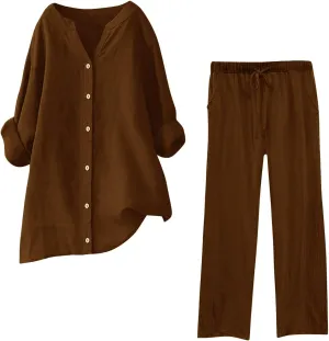 Womens Cotton Linen 2 Piece Outfits Oversize Button Down Shirt & Loose Straight-Leg Pant Daily Casual Loungewear Sets