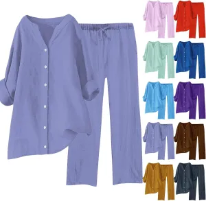 Womens Cotton Linen 2 Piece Outfits Oversize Button Down Shirt & Loose Straight-Leg Pant Daily Casual Loungewear Sets